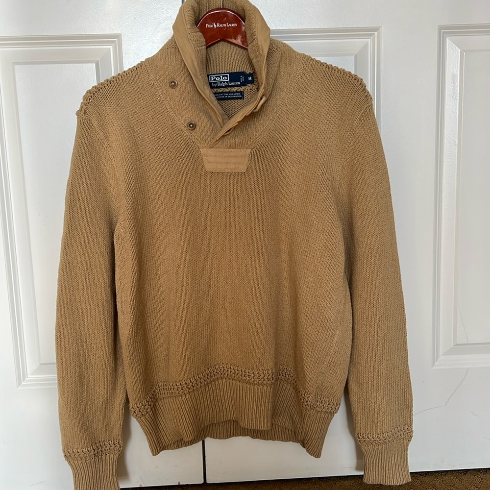 Polo Ralph Lauren Men’s Sweater Cowl Neck Size M Cotton Linen blend Crochet trim